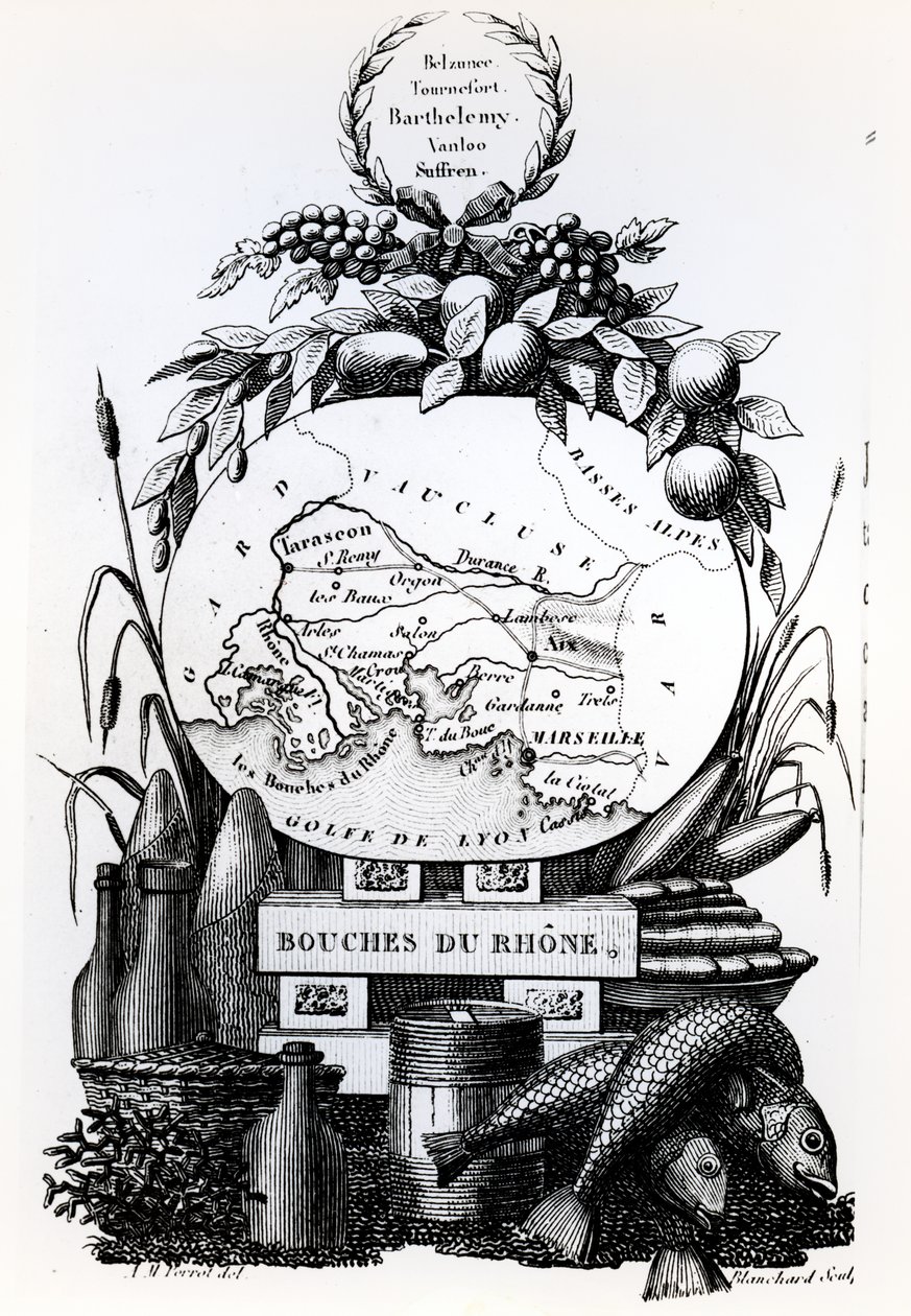 Allegorisk karta över departementet Bouches-du-Rhone, ca 1830 av French School