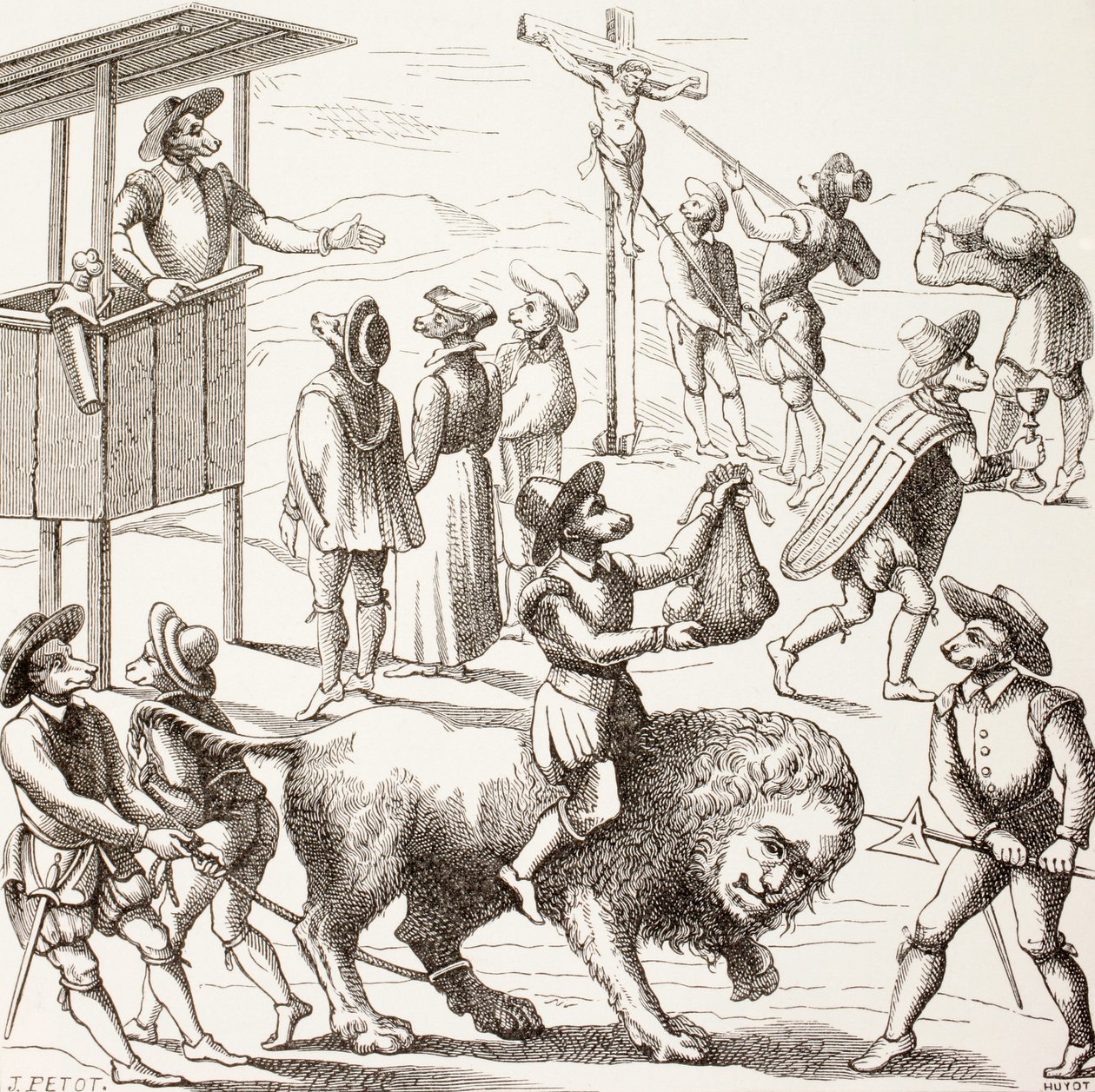 Allegorisk bild av överdrifter som sägs ha begåtts av hugenotterna, från "Military and Religious Life in the Middle Ages" av Paul Lacroix, publicerad i London ca 1880 av French School