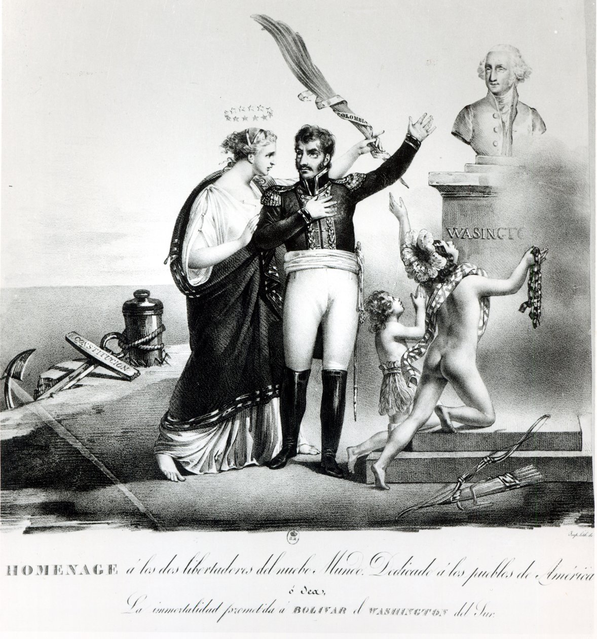Allegoriskt porträtt av general Simon Bolivar (1783-1830) ca 1840 av French School