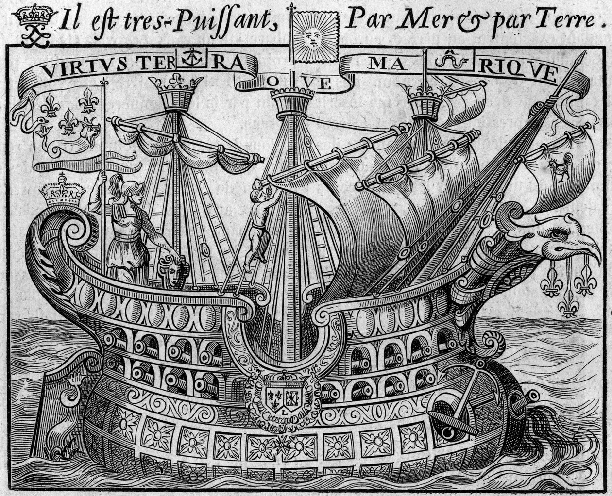Allegori om fransk makt: "Statens skepp", en symbol för Frankrike, påminner också om vapen i staden Paris. Utdrag ur "Livre des monnoyes etrangeres ou le grand banker de France" (1687) av Francois Barreme (1638-1703), fransk matematiker. Eng av French School