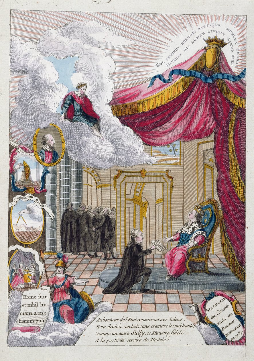 Allegori över rapporten som gavs till Ludvig XVI (1754-93) av Jacques Necker (1732-1804) 1781 (färgstick) av French School