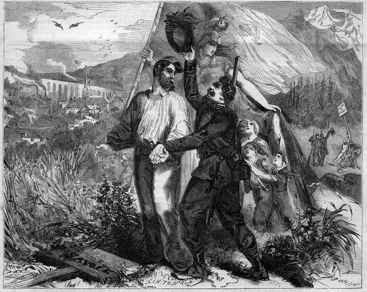 Allegori över annekteringen av Savojen till Frankrike 1860. Gravyr i "" Le Monde Illustré"" nr 167 av 23 juni 1860. av French School