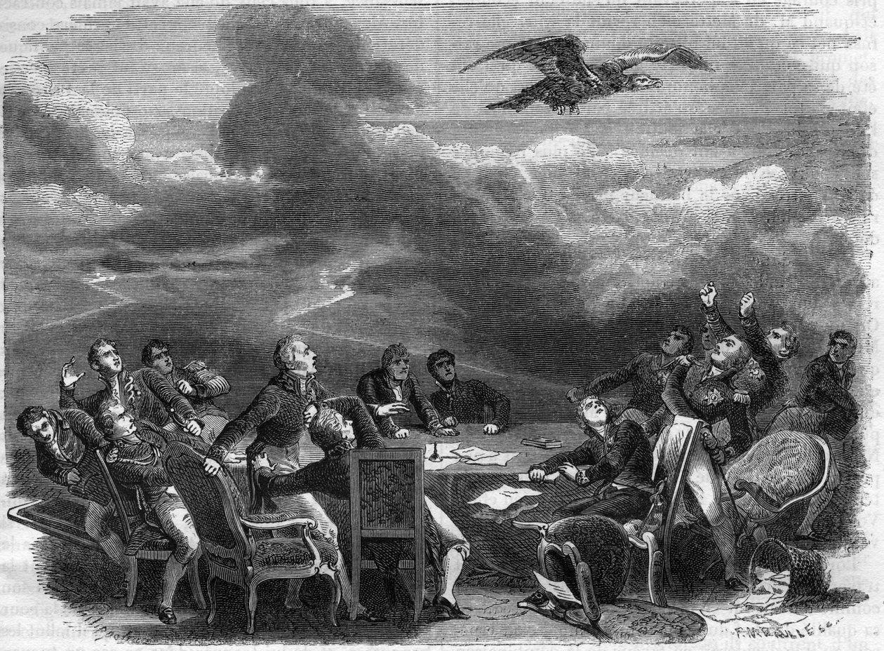 Allegori om slutet av Wienkongressen 1815 - extraordinär agitation av diplomater som lärde sig Napoleons avstigning - i "Imperiets historia efter konsulatets historia" av Adolphe Thiers - 1879 - privat samling av French School