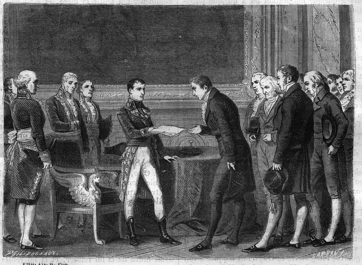 Tilldelning av förste konsul Bonaparte till de schweiziska deputerade i Helvetiska republiken genom att ge dem medlingsakten i november 1802 - Gravyr från "Histoire du Consulate et de l