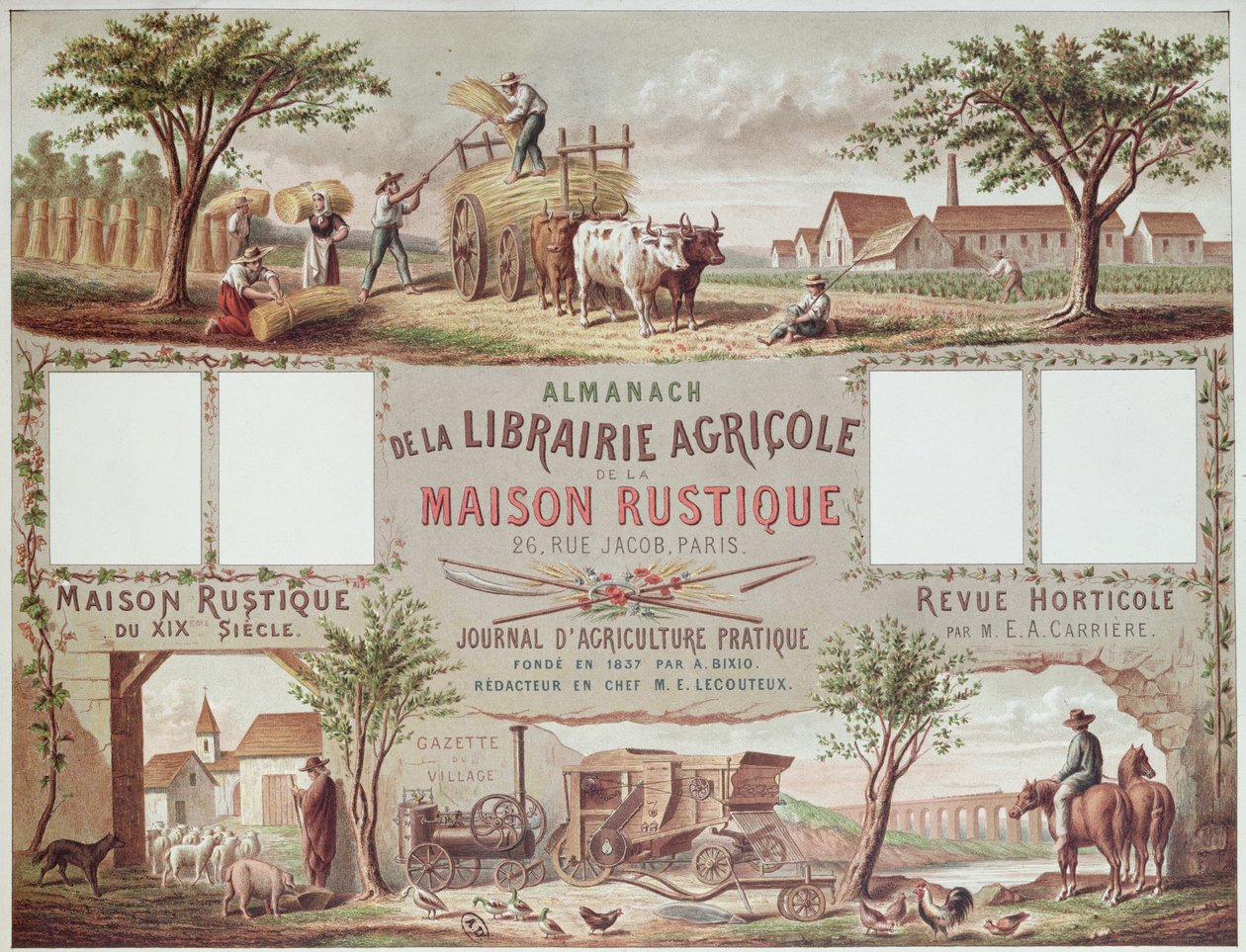 Almanacka som illustrerar traditionella och moderna jordbruksmetoder. c.1870-80 av French School