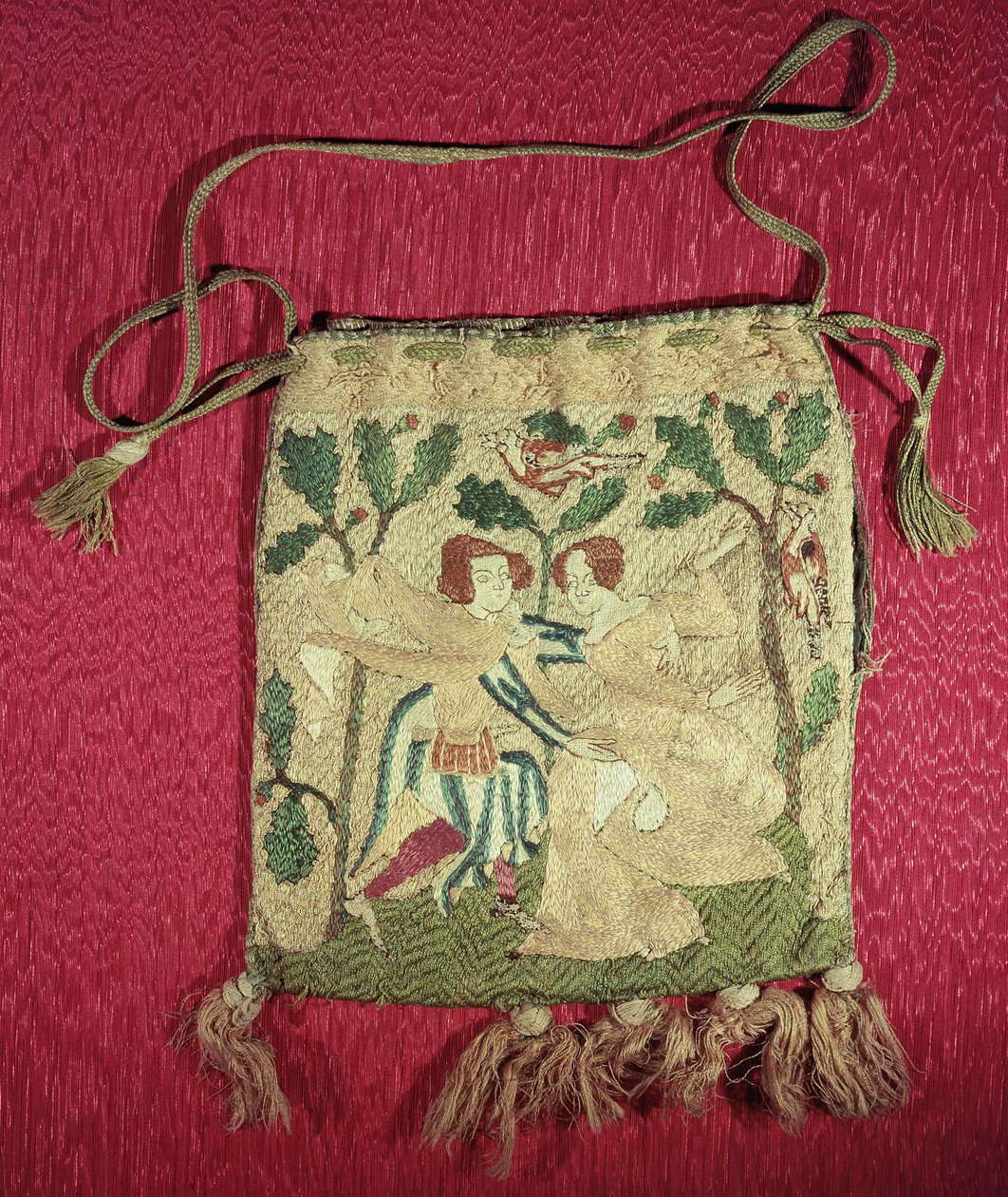 Alms handväska som visar en jägares återkomst (broderat siden) av French School