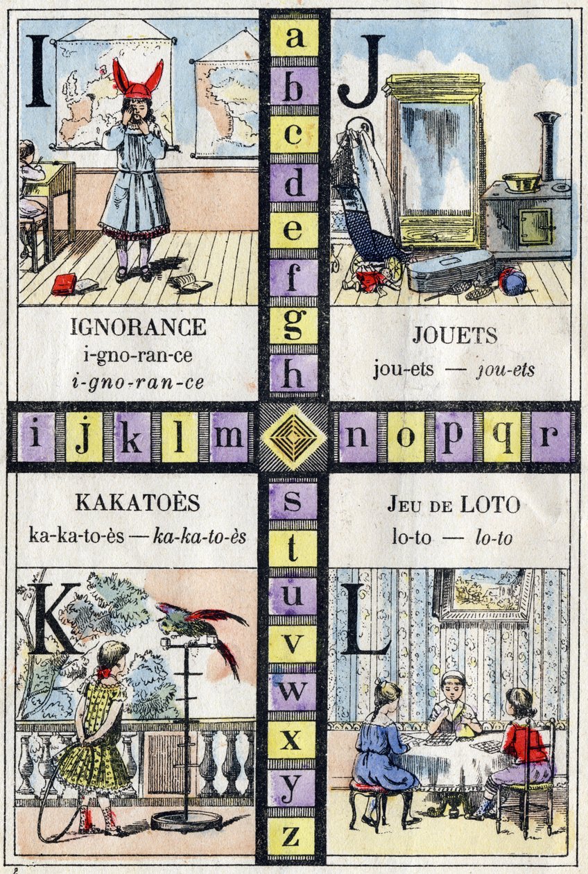 Alfabetet och bokstaven I J K och L, okunnighet, leksaker, kakatoes och lottospel. ABC för de små flickorna. Epinal avbildning av French School