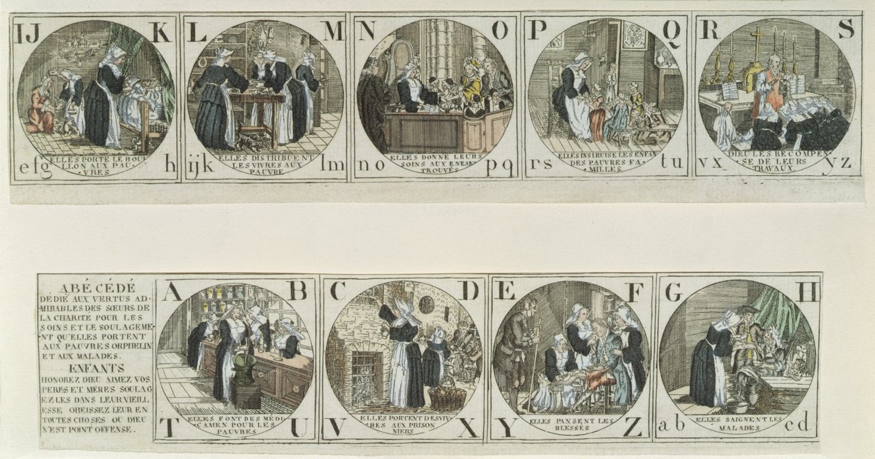 Alfabetets primer som visar arbetet av Systrarna av välgörenhet, tidigt 1800-tal (färgstick) av French School