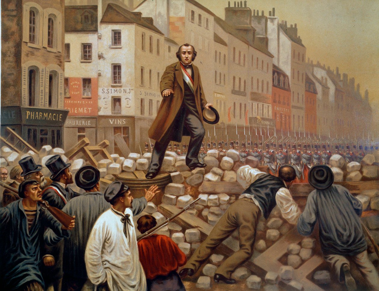 Alphonse Baudin (1811-1851) på barrikaden i Faubourg Saint Antoine den 3/12/1851 under Louis Napoleon III:s (Louis-Napoleon Bonapartes) statskupp Gravyr från 1851 av French School