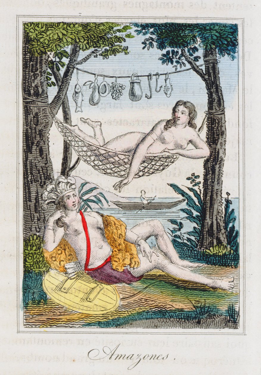 Amazoner, illustration från History of travel around the world av J. Dufay, utgiven av Courvalet & Co., Paris, 1826 (färgstick) 1826 (färggravyr) av French School