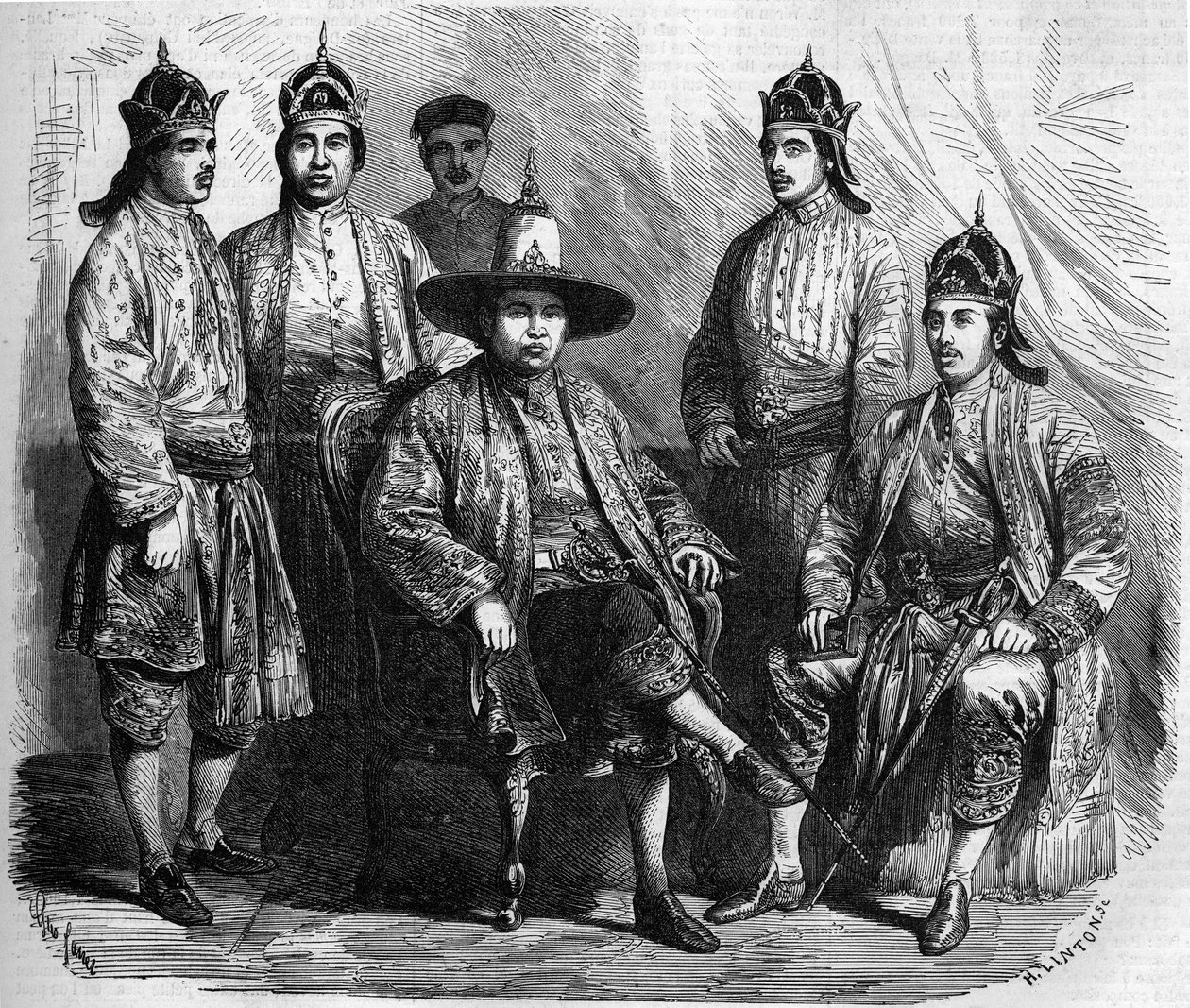 Siams ambassadörer (Thailand) under deras besök i Paris 1858. Gravyr i "" Le Monde Illustré"" nr 49 av 20 mars 1858. av French School
