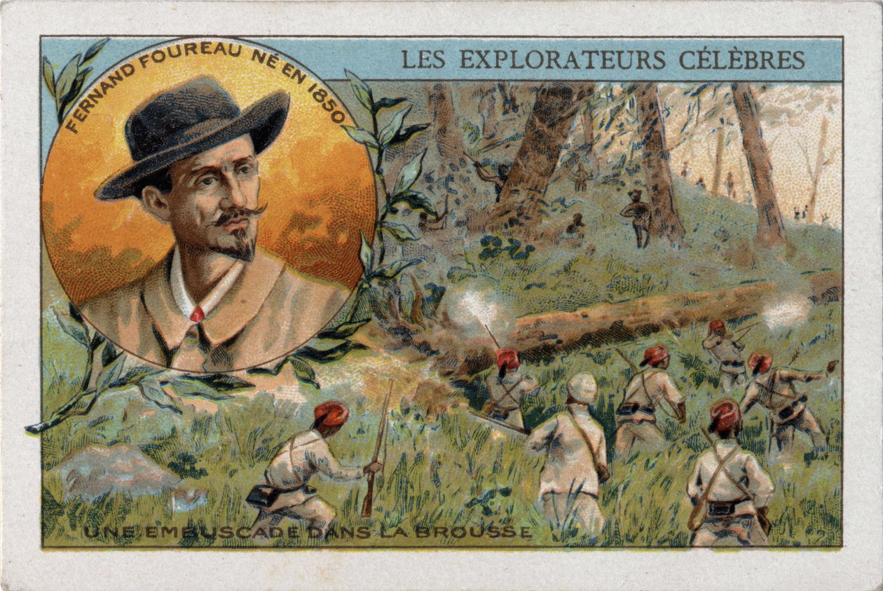 Bakhåll i den afrikanska bushen under en expedition av den franske upptäcktsresanden Frenand Fourreau (1850 - 1914). Kromolitografi av 1800-talet. av French School