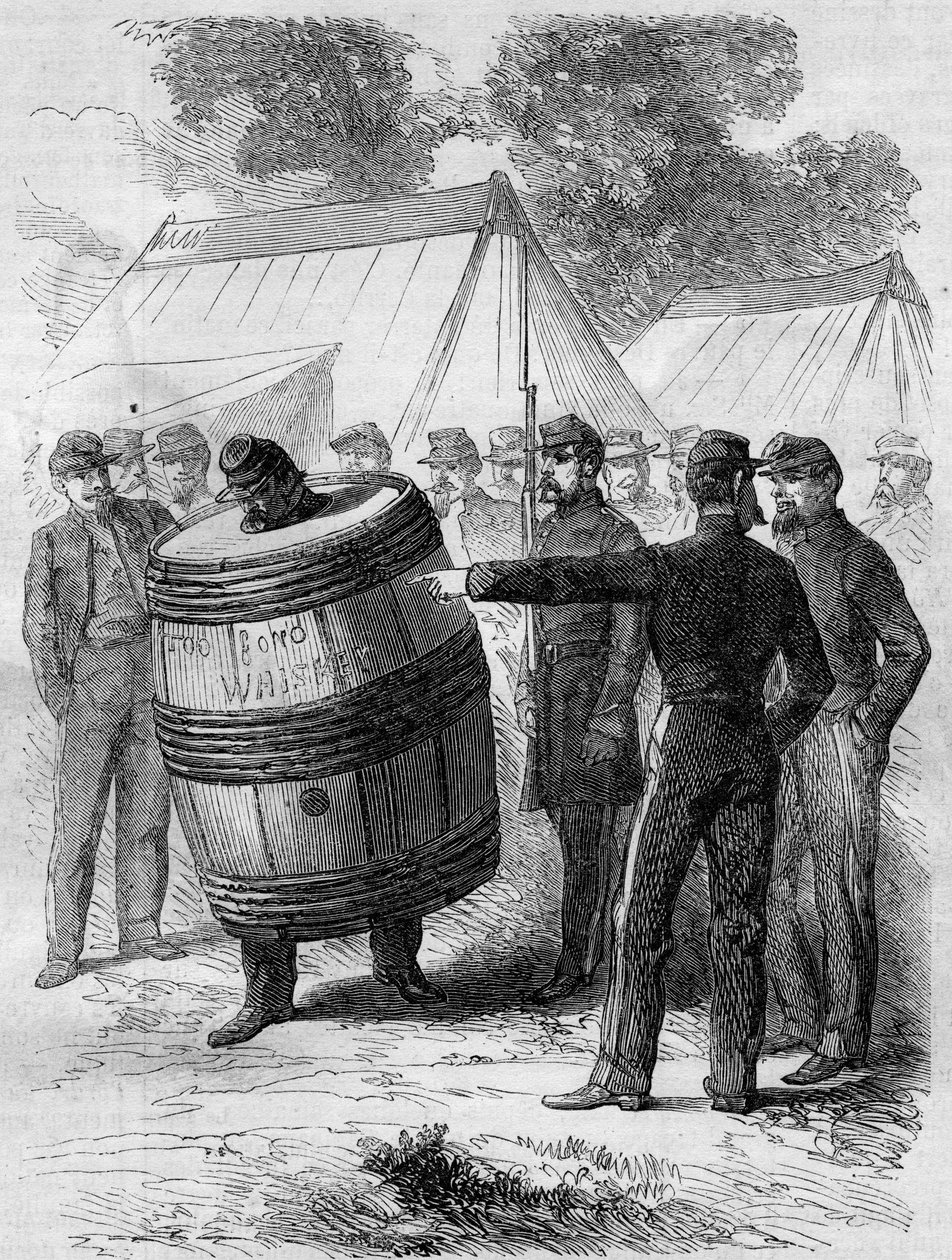 Amerikanska inbördeskriget (1861-1865): bestraffning av en berusad soldat från Confedere-armén. Han har på sig en tunnpierce och rullator genom lägret under andra soldaters underhållande blick. Gravyr i "" Le Monde Illustré"" nr 276 av 26 juli 1862. av French School