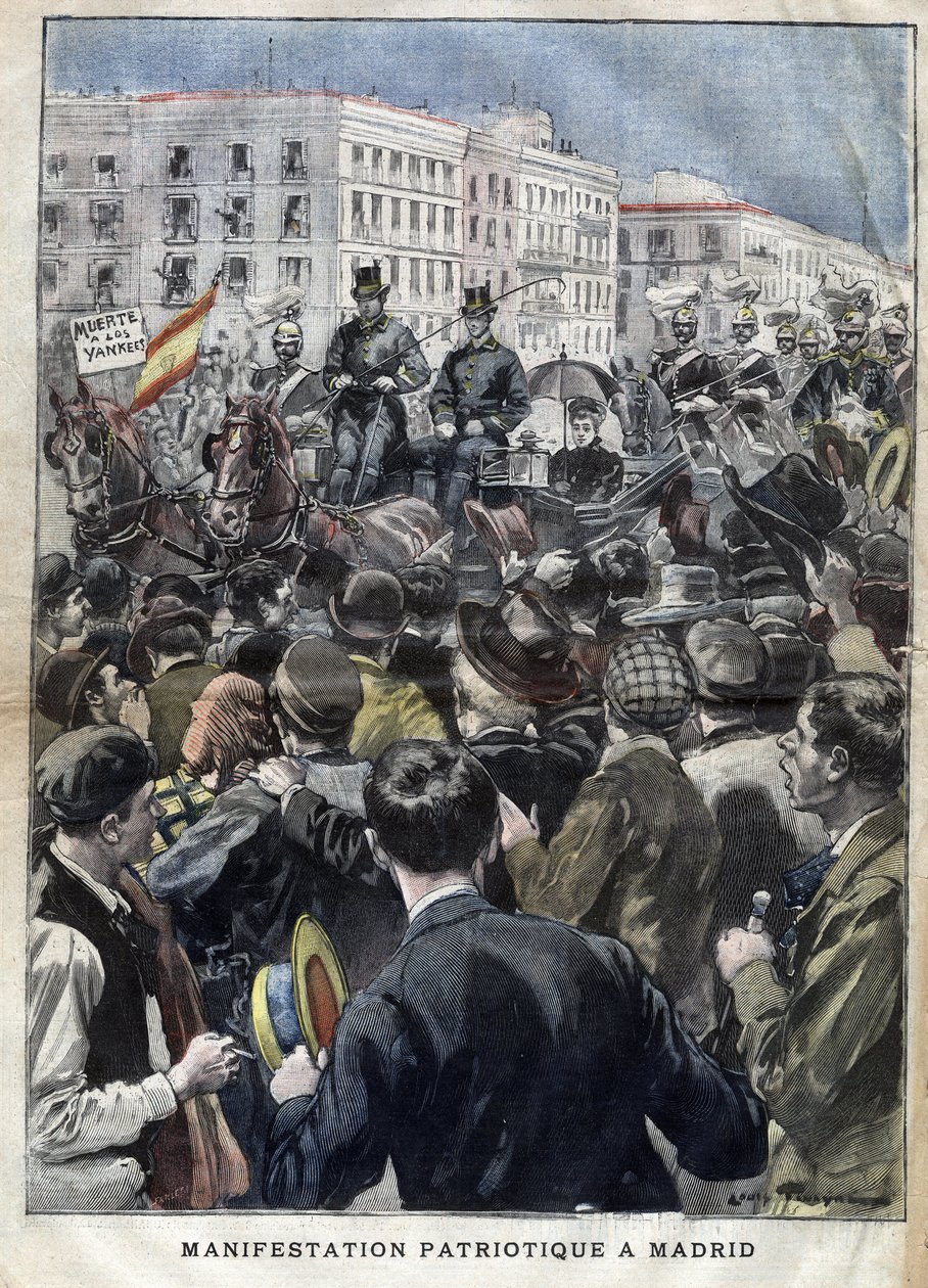 Amerikanska Hispano-kriget (eller Desastre 1898) - patriotisk demonstration i madrid 1898 i närvaro av drottning Mary Christine av Spanien (1858-1929) - gravyr i "La petite Gironde" från 1898 av French School