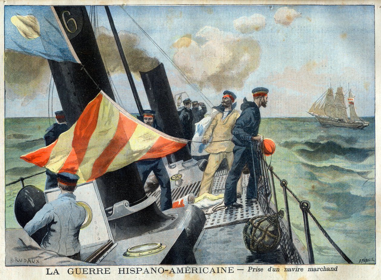 American Hispano War (eller Desastre of 98) - Det spansk-amerikanska kriget: fångst av ett handelsfartyg. Det spansktalande-amerikanska kriget - ta ett handelsfartyg. Illustration för Le petit Journal av French School