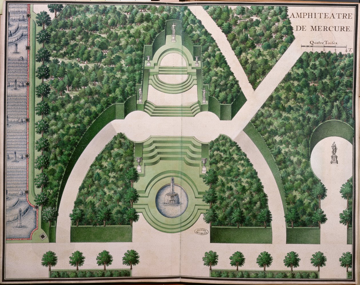 Amphitheater of Mercury, från Gardens of Marly, tidigt 1700-tal (wc på papper) av French School