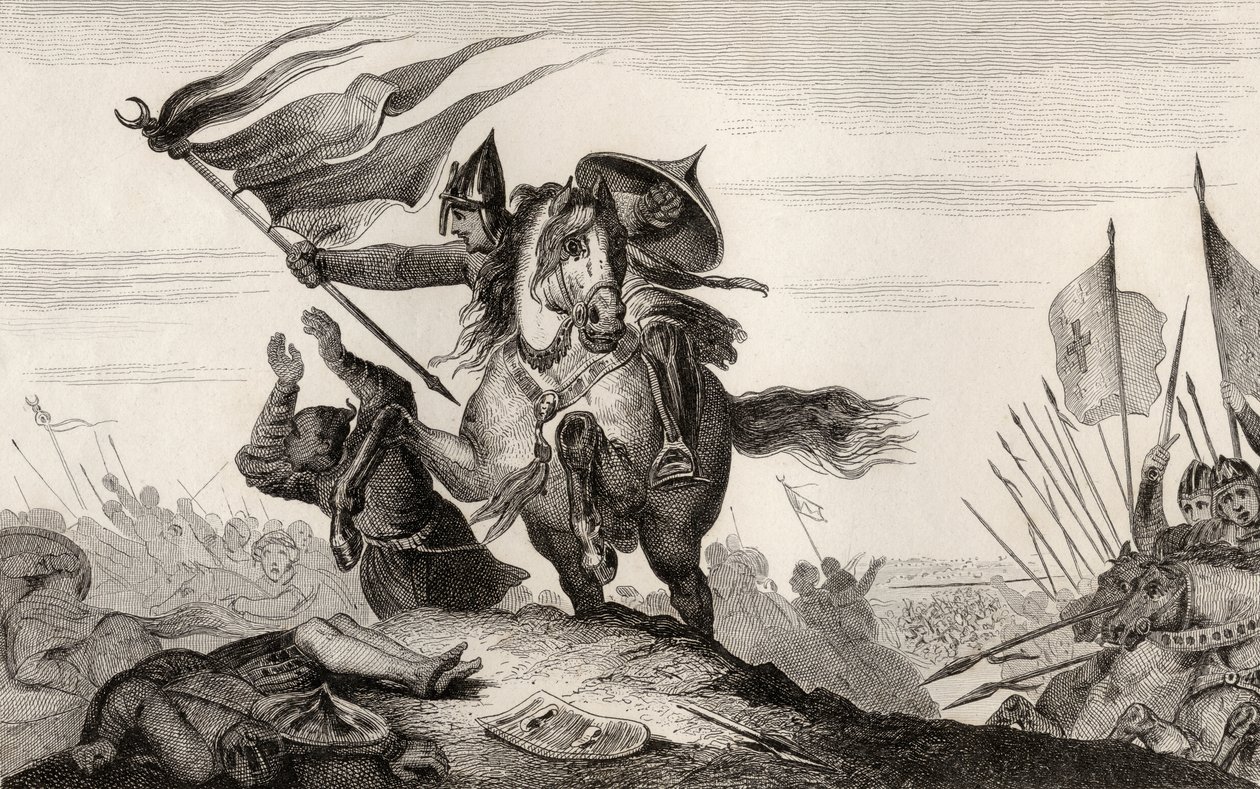 En fransk riddare i strid från 800-talet, ur "Histoire de France" av Colart, publicerad ca 1840 (gravyr) av French School