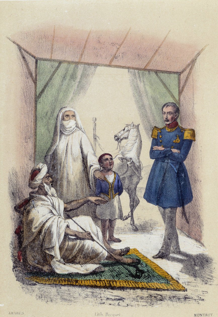 En arabisk familj som får besök av en soldat; illustration för arabiska länder, -i "De tolv nationerna"" av M.E. Fouinet av French School