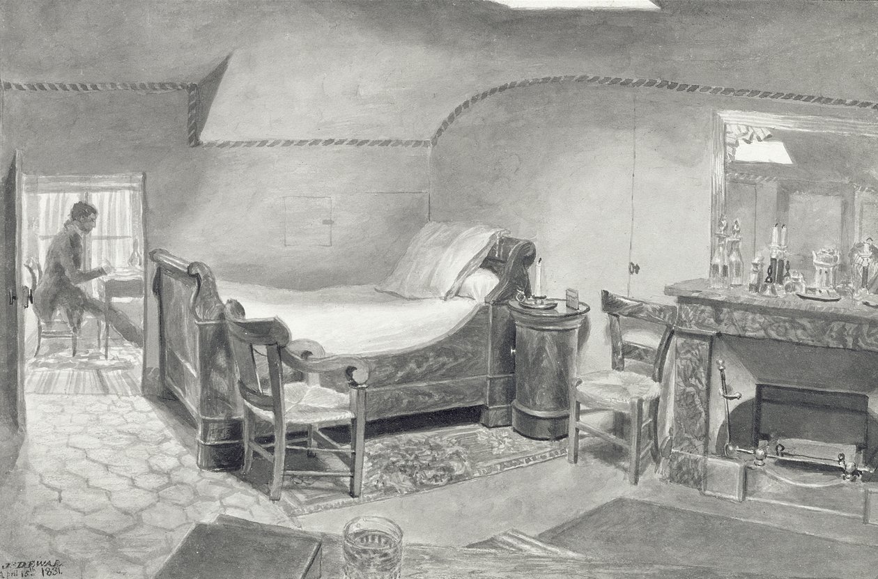 En vindsinredning av en konstnär i Paris, ca 1830 (penna & sepia bläck och sepia wc på papper) av French School