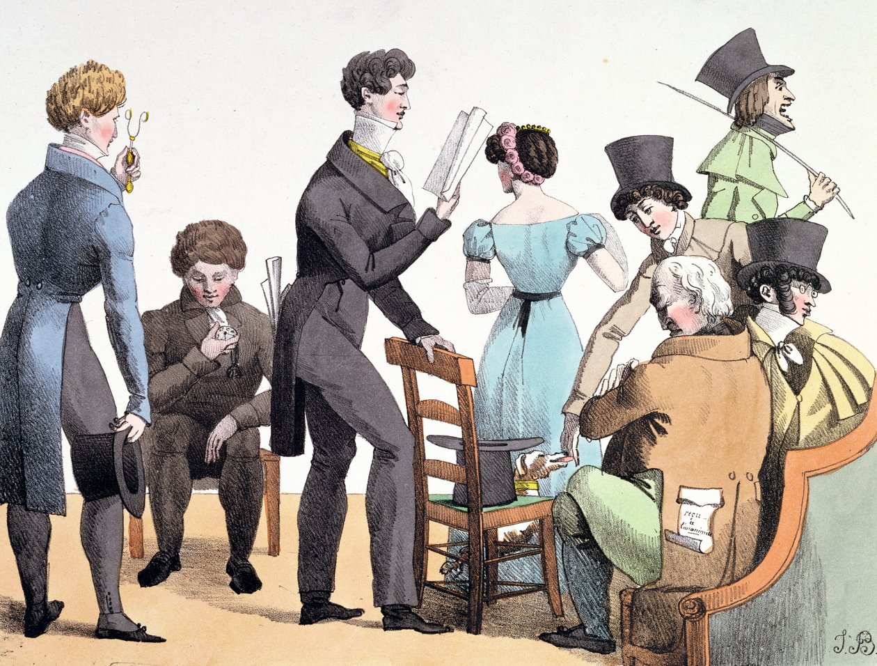 En författare som läser sitt verk för en utvald grupp, mars 1821 av French School