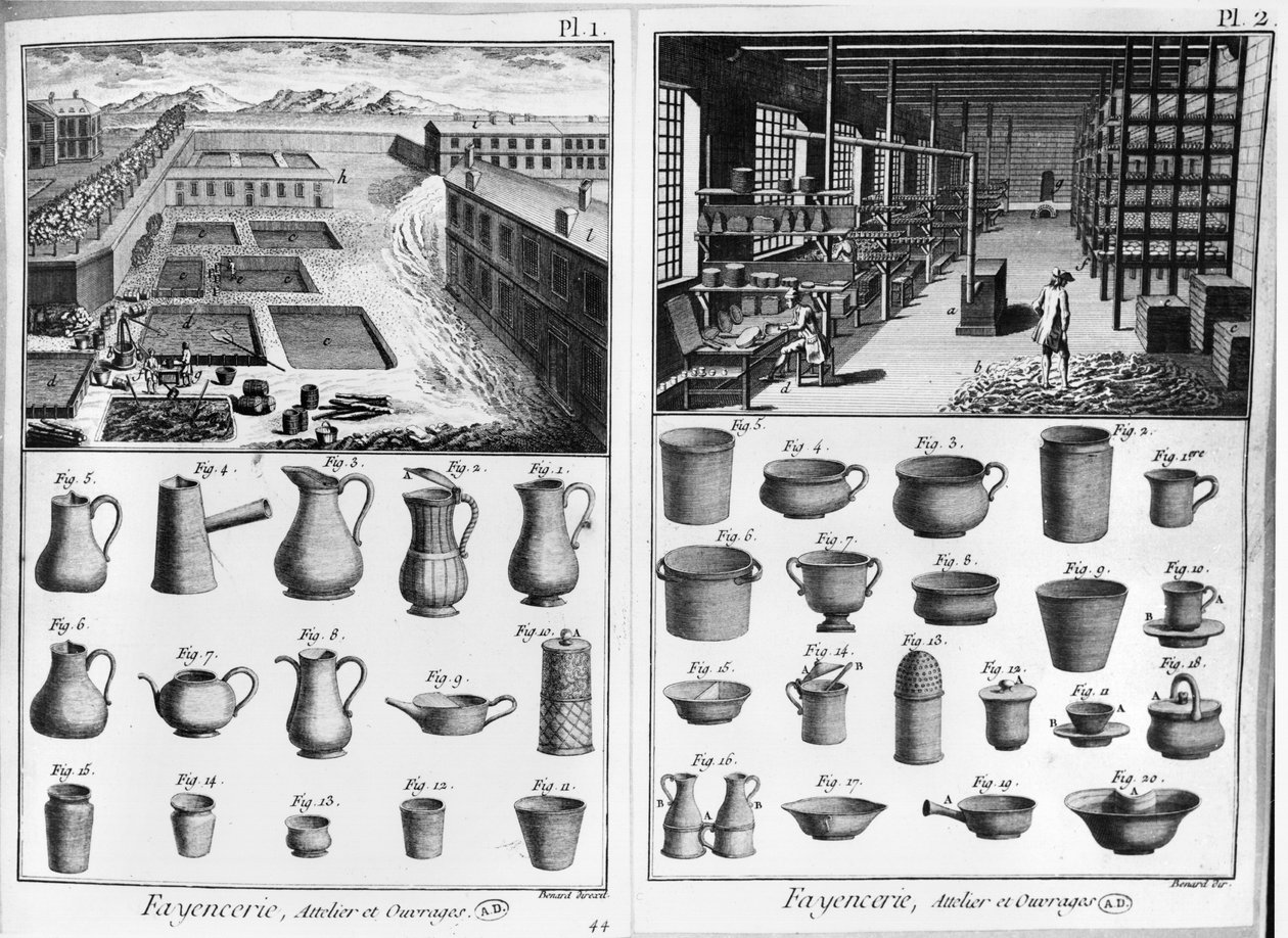 En verkstad i lergods, illustration från Encyclopedie av Denis Diderot (1713-84) graverad av Robert Benard (f. 1734) av French School