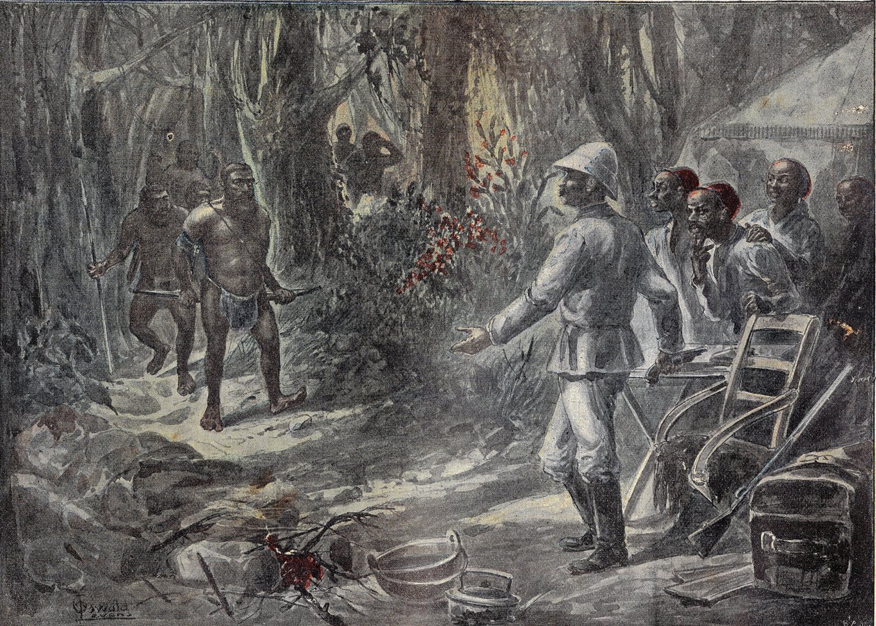 En engelsk resenär Lloyd upptäcker Pygmees medan han utforskar Afrika. Gravyr i "" Le Pelerin"" 1899-04-08. av French School