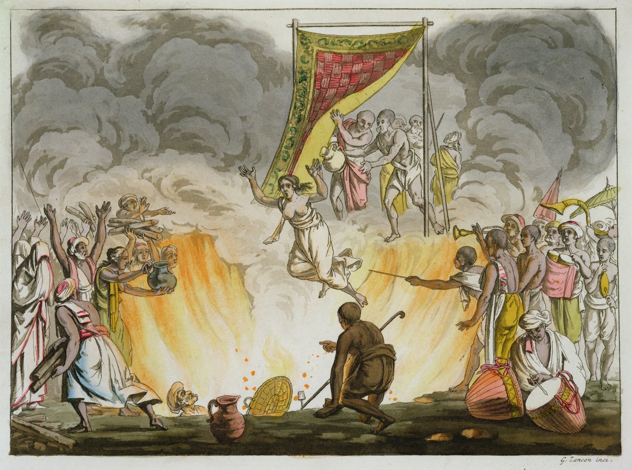 En indisk änka bränner till döds med sin mans kropp, skylt 30 från en bok om Indien, graverad av Gaetano Zancon (1771-1816) av French School