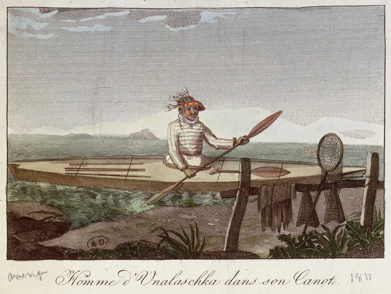 En invånare på Unalaska Island i sin kanot, 1811 av French School