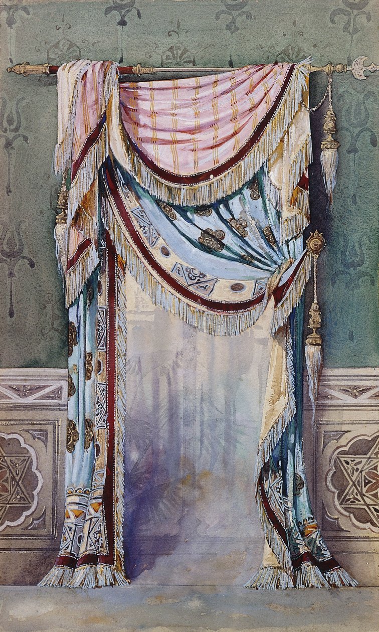 En interiör med gardindesign, c.1880 av French School