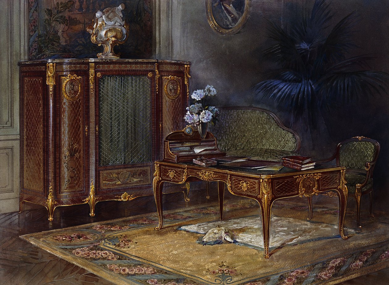 En interiör med en Louis XV-stil Ormolu-monterad och Parkettbyrå Platt och Bibliotheque 43,4 cm., av French School