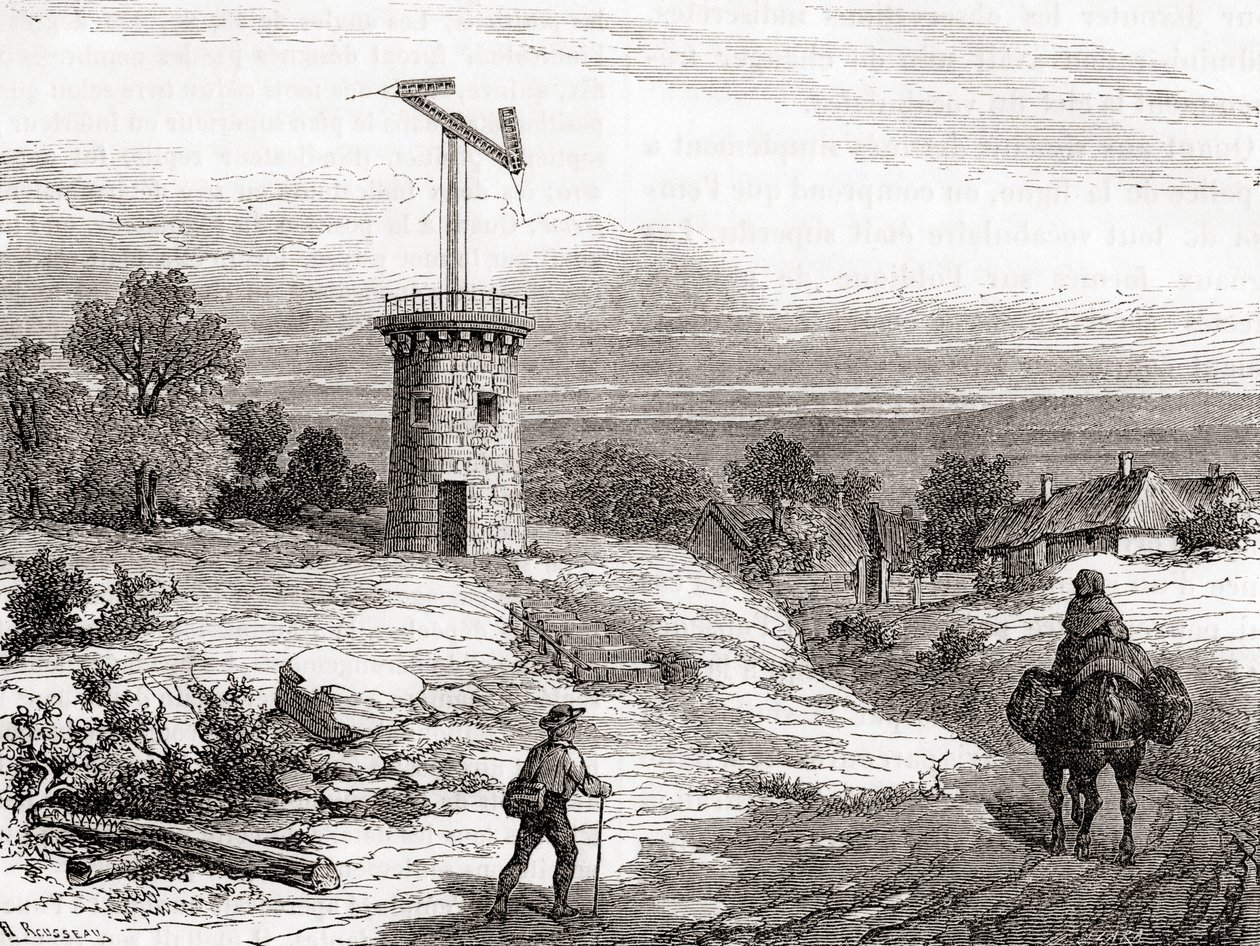 En flygtelegrafpost på 1700-talet, från Les Merveilles de la Science, publicerad ca 1870 (gravyr) av French School