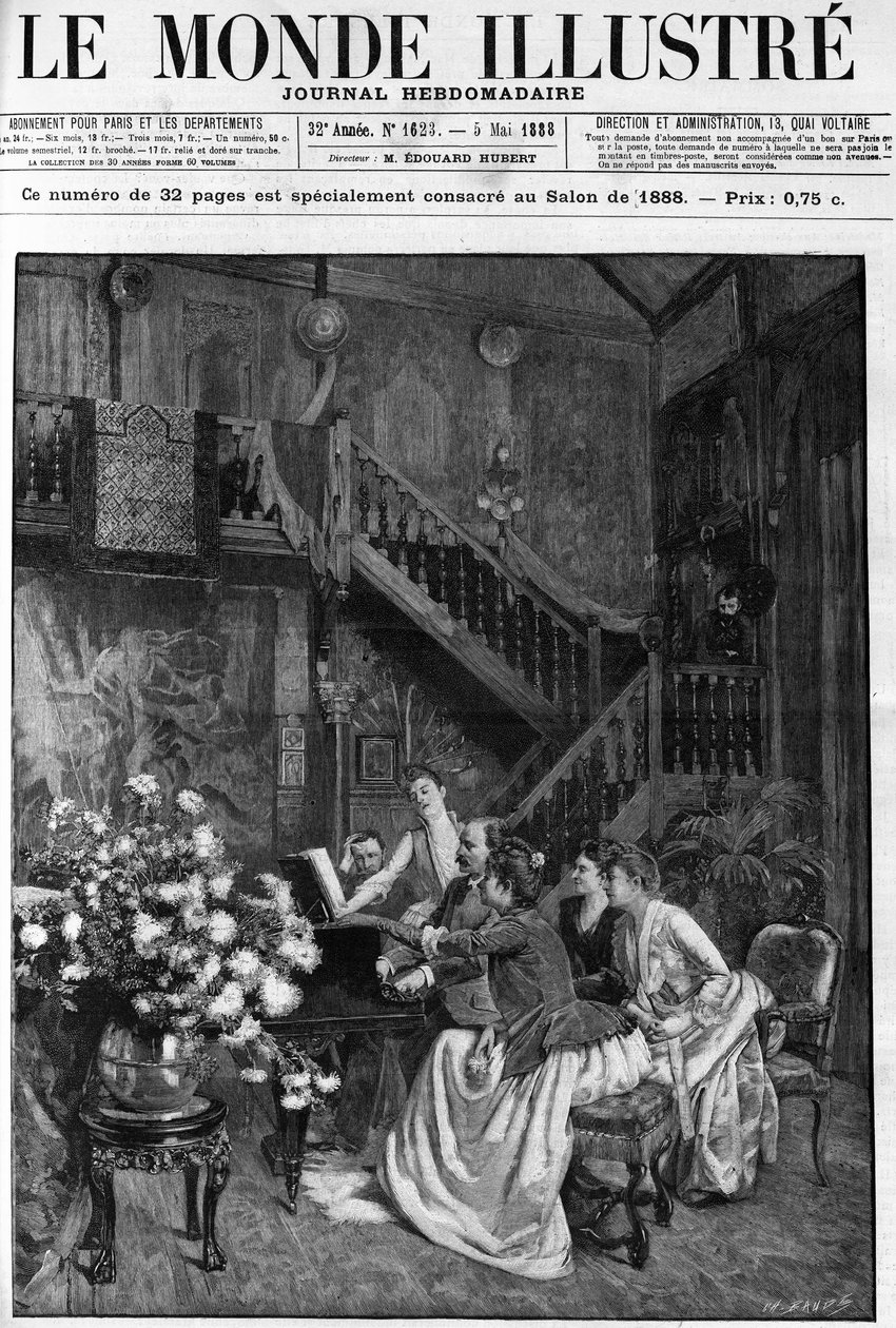 En eftermiddag runt ett partitur i en parisisk salong. Gravyr i ""The Illustrous World"" 1888. av French School