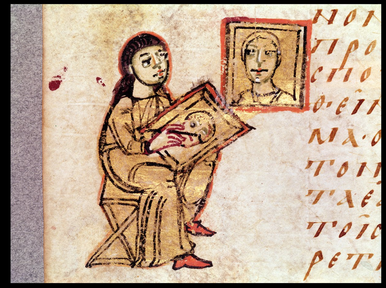 En konstnär som kopierar en målning, från Sacra Parallela av St. John Damascene (d.c.754) av French School