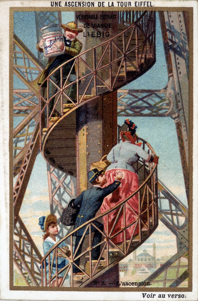 En bestigning av Eiffeltornet: vid trappan - chromo. Liébig, deb. 1900-talet av French School