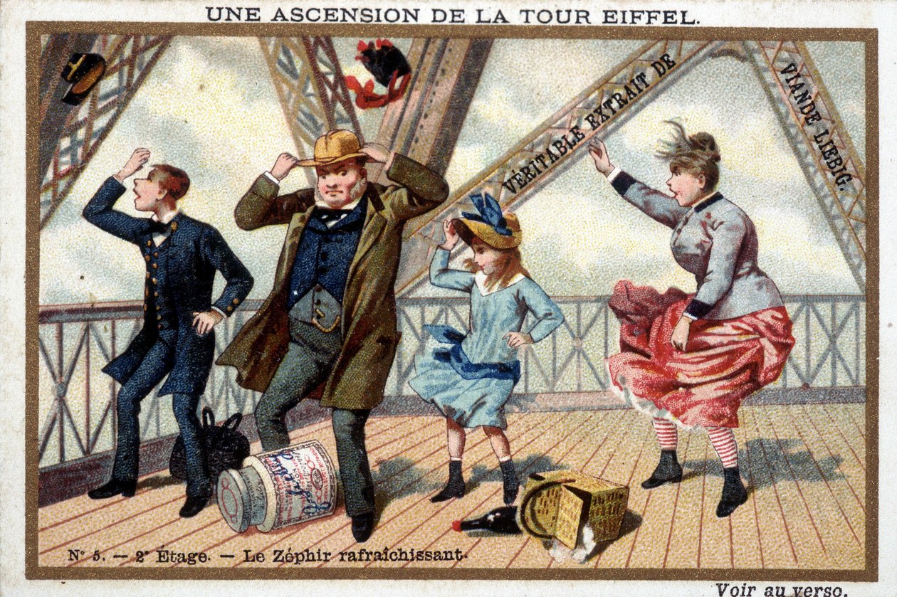 En bestigning av Eiffeltornet: på andra våningen, en uppfriskande zephir - chromo. Liébig, deb. 1900-talet av French School