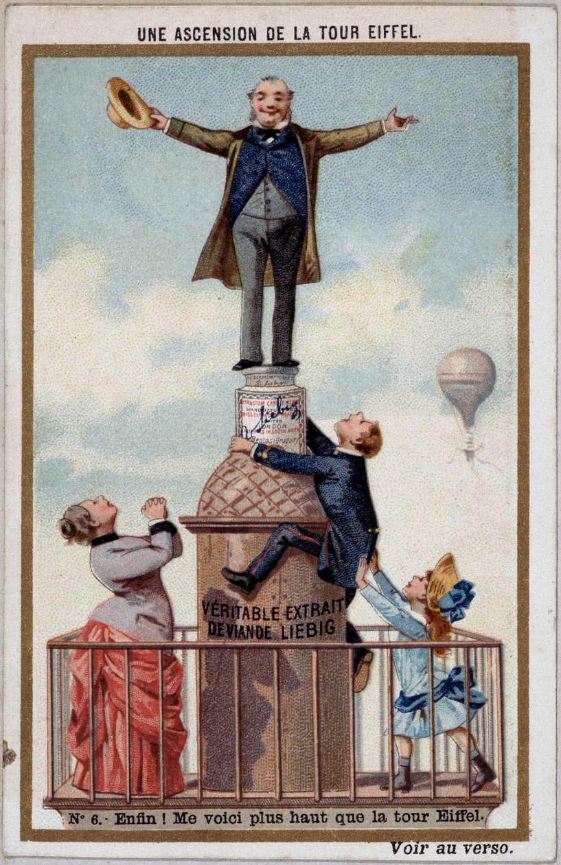 En bestigning av Eiffeltornet: ankomsten till toppen - chromo. Liebig, deb. 1900-talet av French School