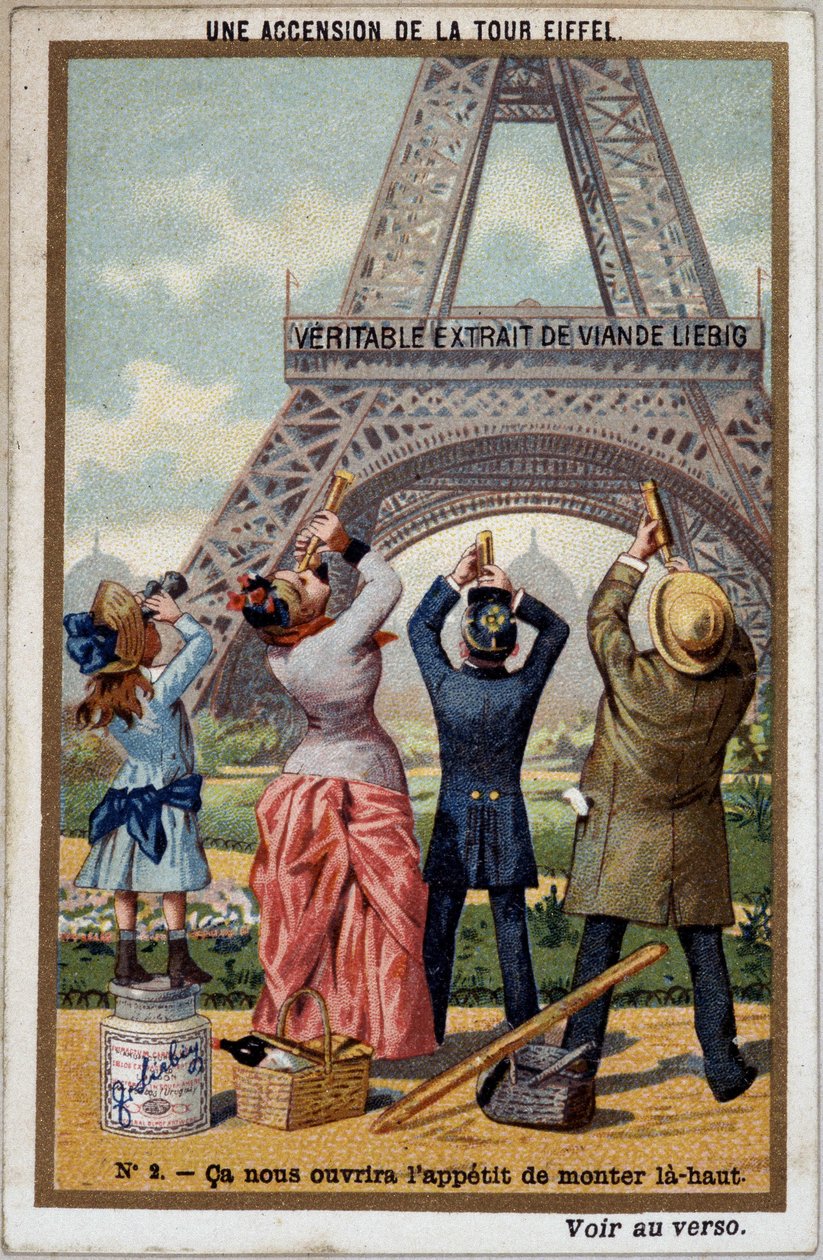 En bestigning av Eiffeltornet: du kan se höjden på tornet vid långvyn - chromo. Liebig, deb. 1900-talet av French School