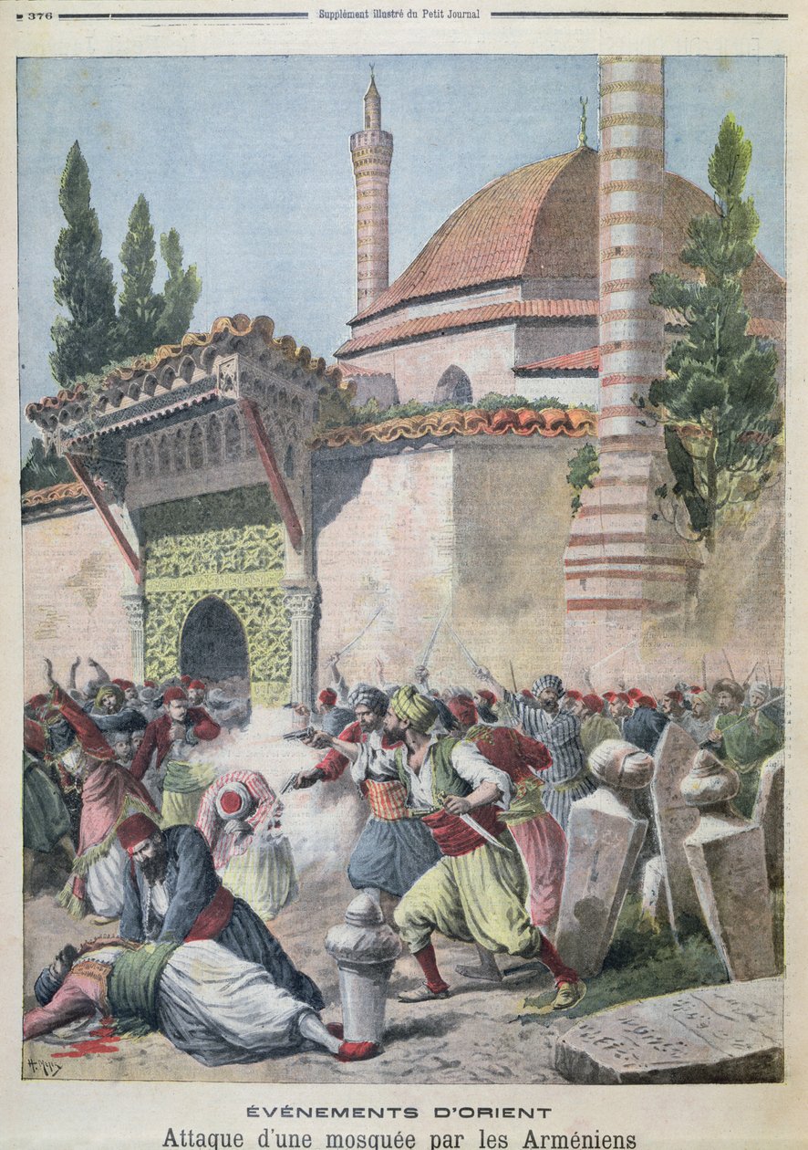 En attack på en moské av armenier, illustration från Le Petit Journal 1895 av French School