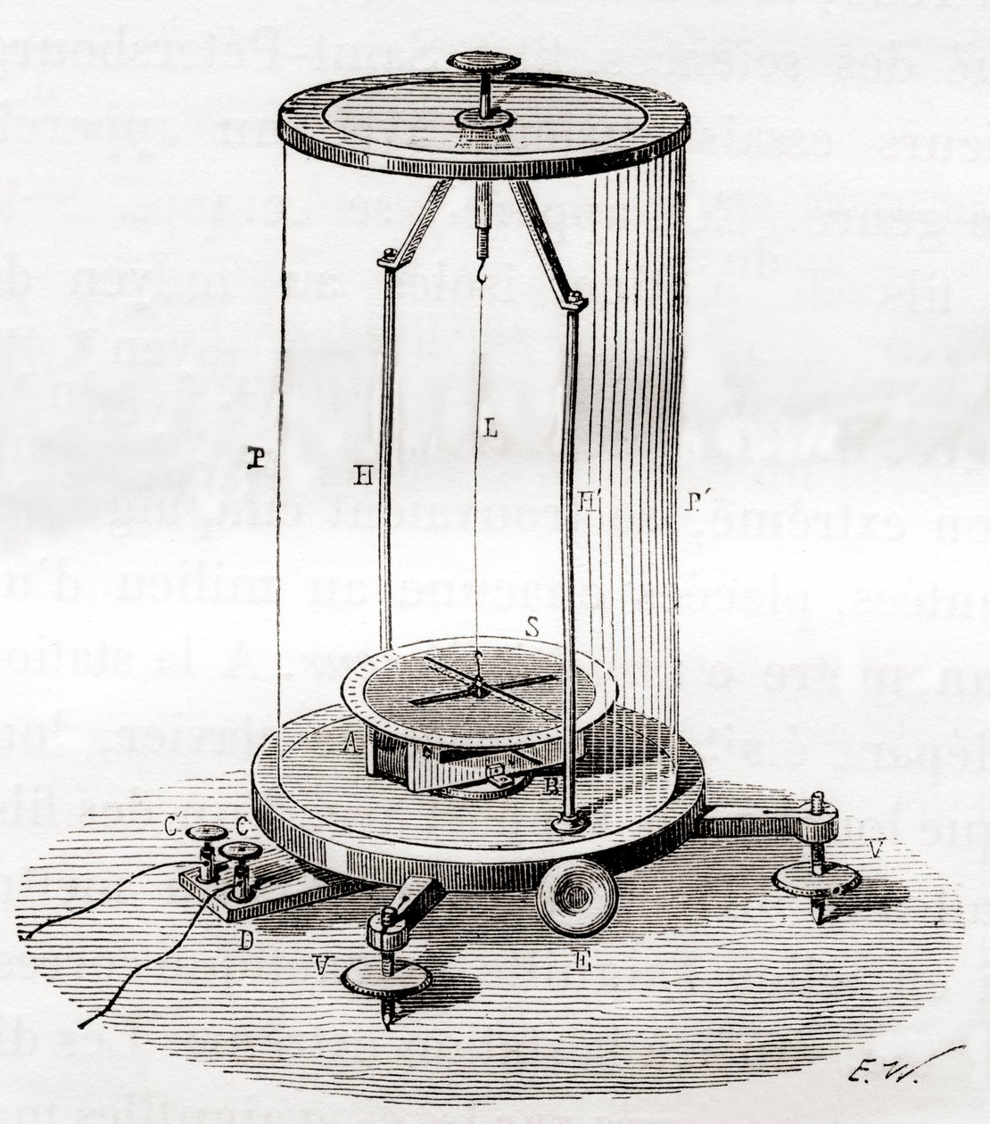 En tidig galvanometer, en typ av amperemeter, ett mätinstrument som används för att mäta den elektriska strömmen i en krets, från Les Merveilles de la Science, publicerad ca 1870 (gravyr) av French School