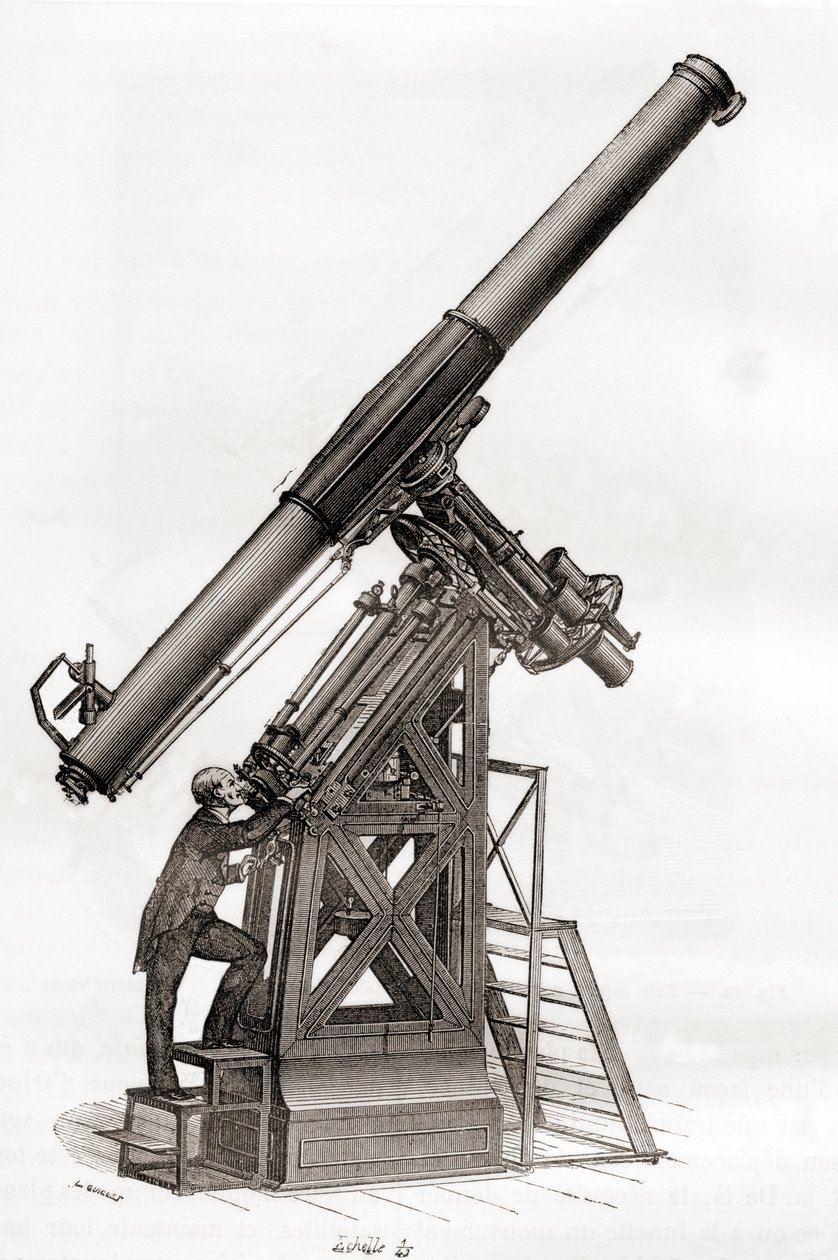 Ett ekvatorialteleskop i Paris Observatory, Frankrike på 1800-talet, från Les Merveilles de la Science, publicerat ca 1870 (gravyr) av French School