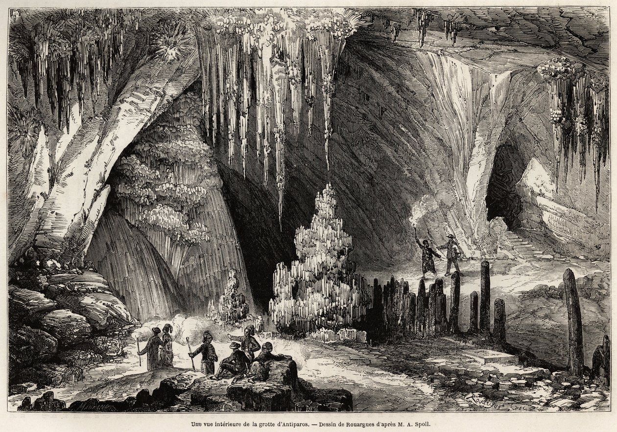 En inre vy av grottan i Antiparos, ö i Kykladerna, teckning av Emile Rouargue (ca 1895-1865), för att illustrera E.A.Spolls besök i grottan i Antiparos, 1859. Gravyr i "Le tour du monde" 1861. Selvas samling. av French School
