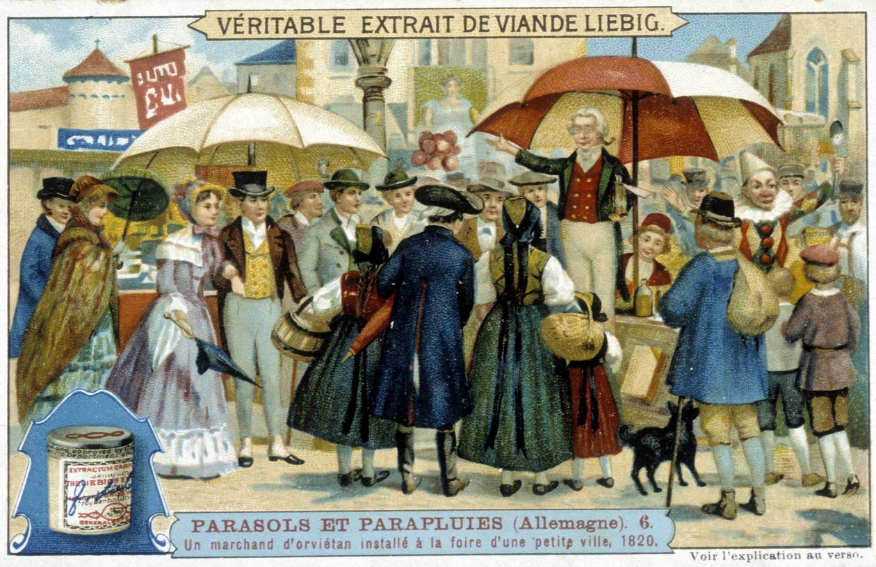 En orvietisk köpman (charlatan) installerad på mässan i en liten stad i Tyskland - Reklametikett Liébig, v.1900 av French School