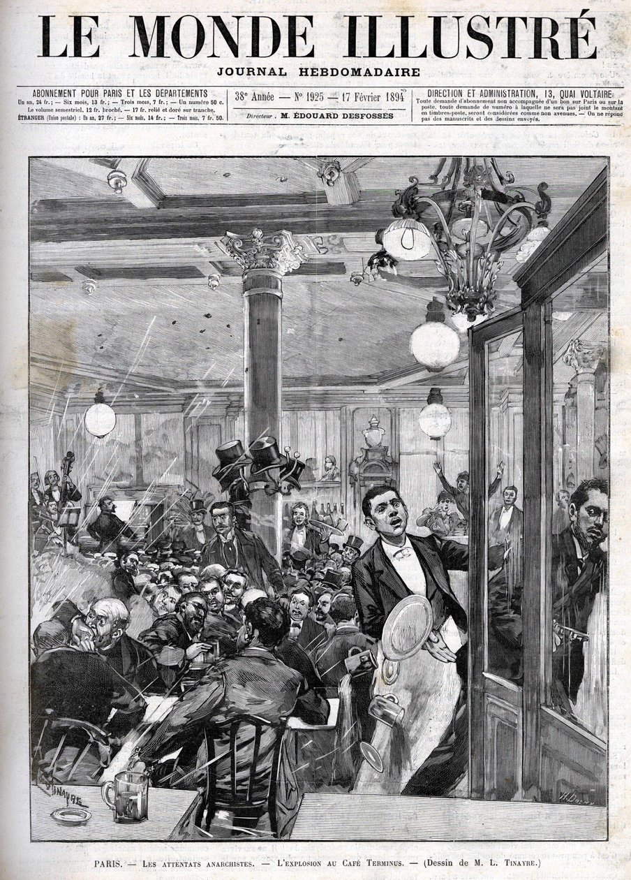 Anarkistiska attacker i Paris i februari 1894. Explosionen vid Terminus Cafe. "Den illustrerade världen" den 17 februari av French School