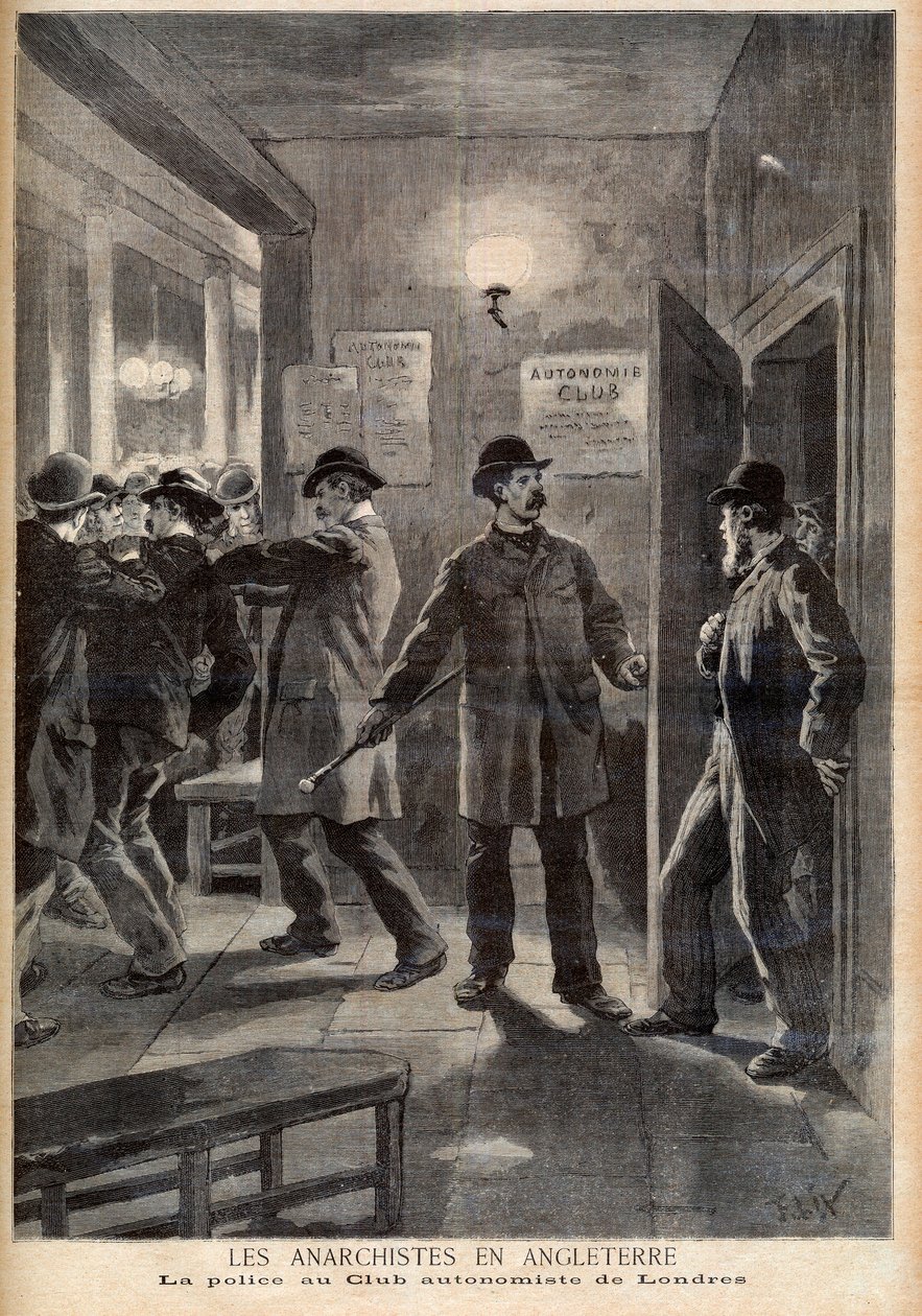 Anarkister i England. Polisen slår till mot Autonomy Club i London. Anarkister i England. Polis på London Autonomist Club. Illustration för Le petit Journal, 5 mars 1894 av French School