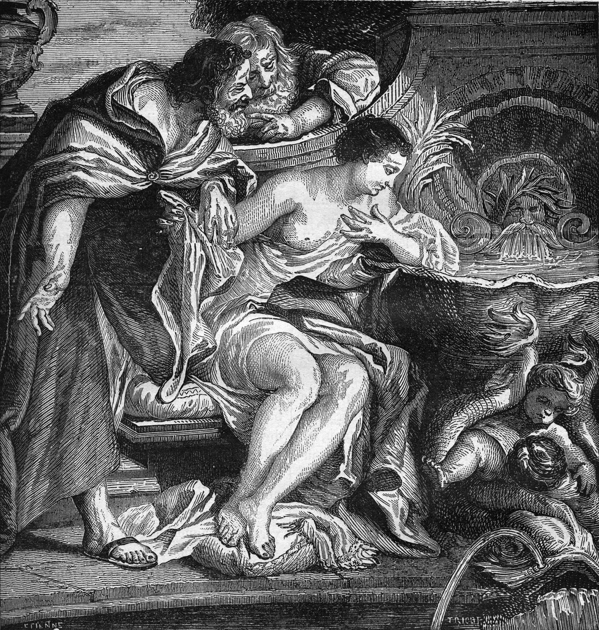 Forntida Egypten: Cheops föreställde sig att prostituera sin dotter för att betala för byggandet av pyramiderna (upphandling). Gravyr i "Prostitutionens och utsvävningens historia bland alla världens folk från antiken till våra dagar" av Dr Th. -F. D av French School