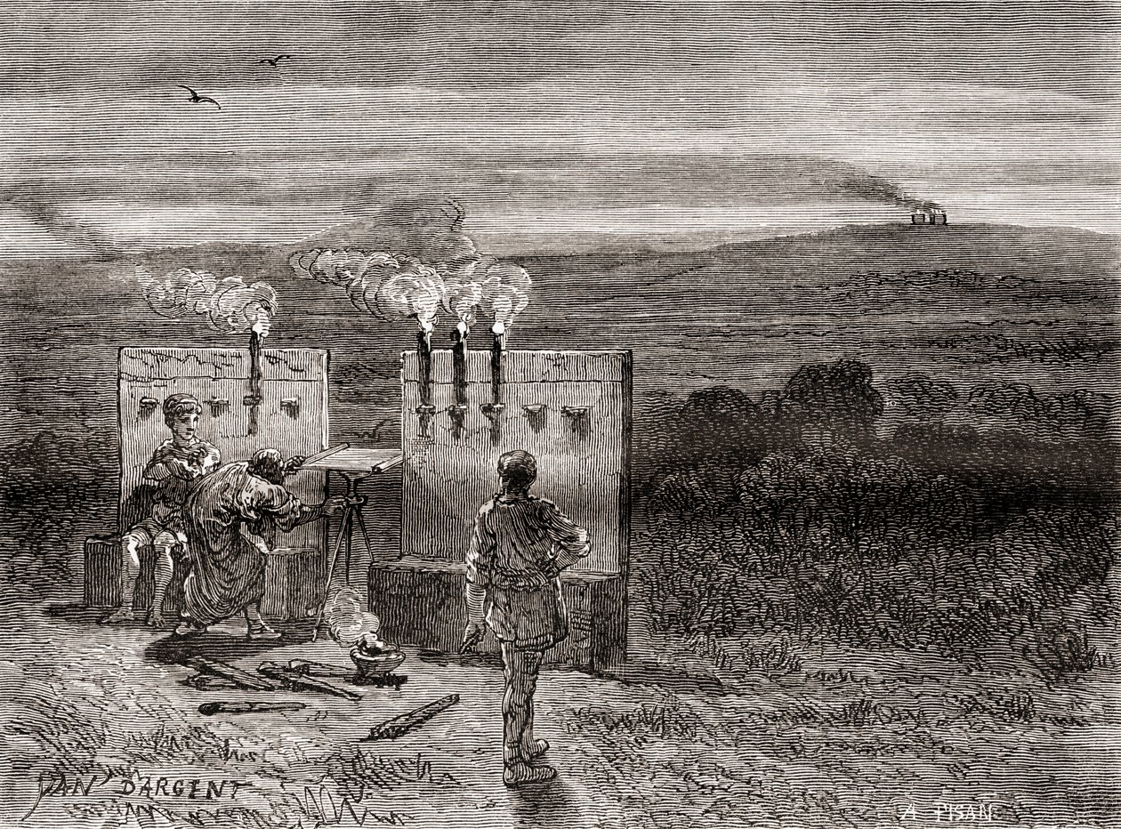 Den grekiske historikern Polybius arbetar med Polybius kvadrat eller schackbräde, ett system som han uppfann för att underlätta telegrafi med hjälp av facklor, från Les Merveilles de la Science, publicerad ca 1870 (gravyr) av French School