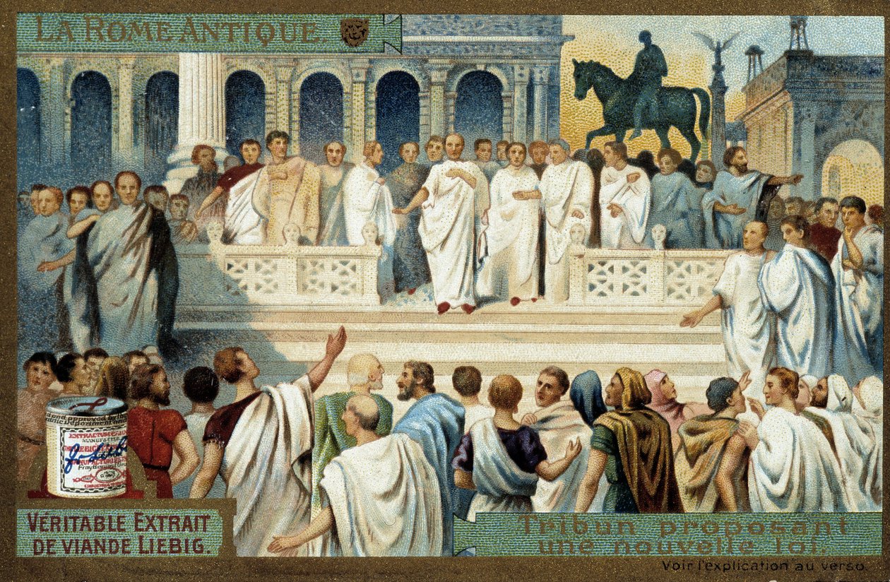 Antikens Rom: tribun som föreslår en ny lag - Liebig Chromolithography, v.1900 av French School