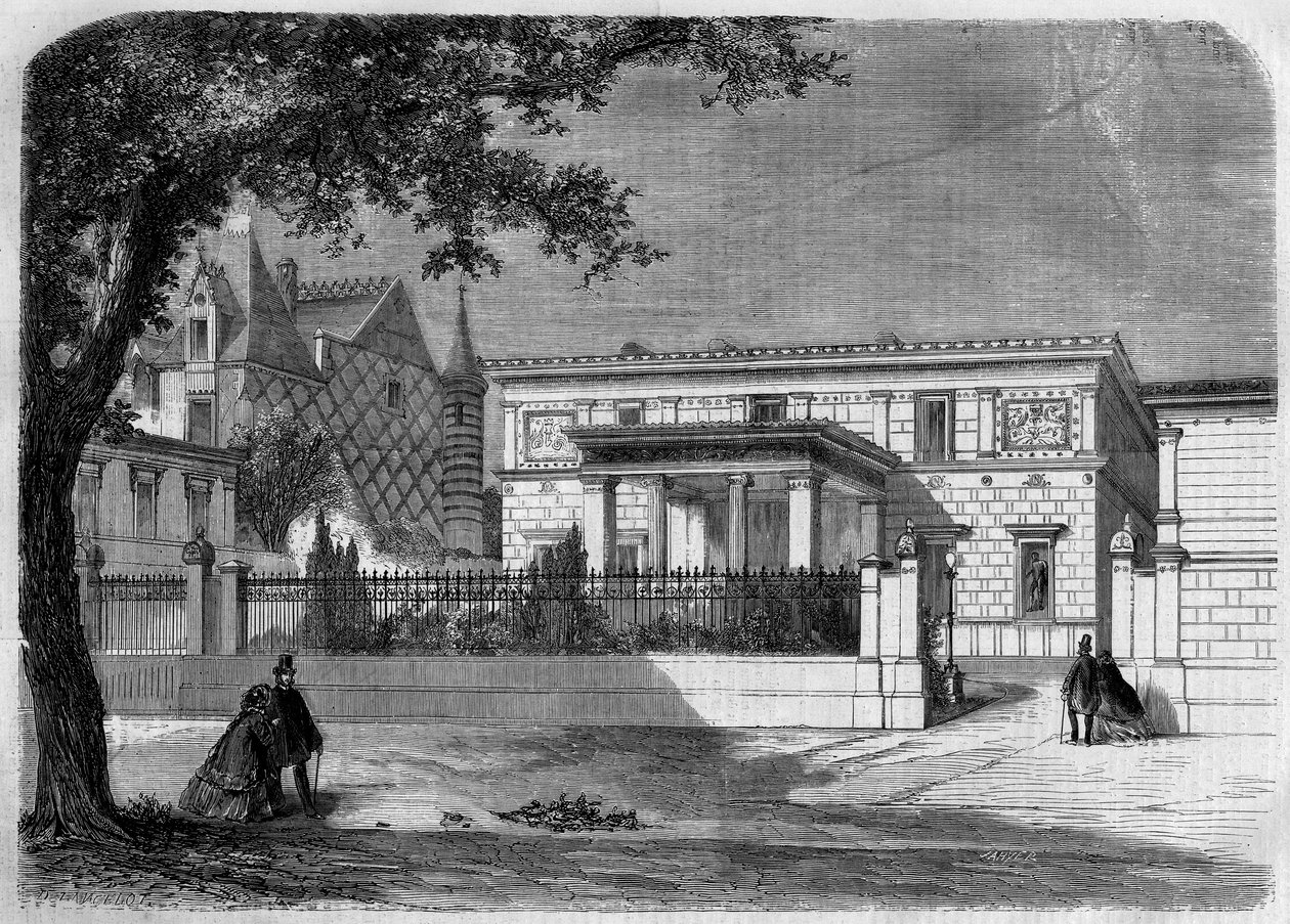 Forntida arkitektur: utsikt över fasaden av "Prins Napoleons" pompeianska hus (1822-1891) byggt av arkitekten Alfred Normand. Paris, rue Montaigne av French School