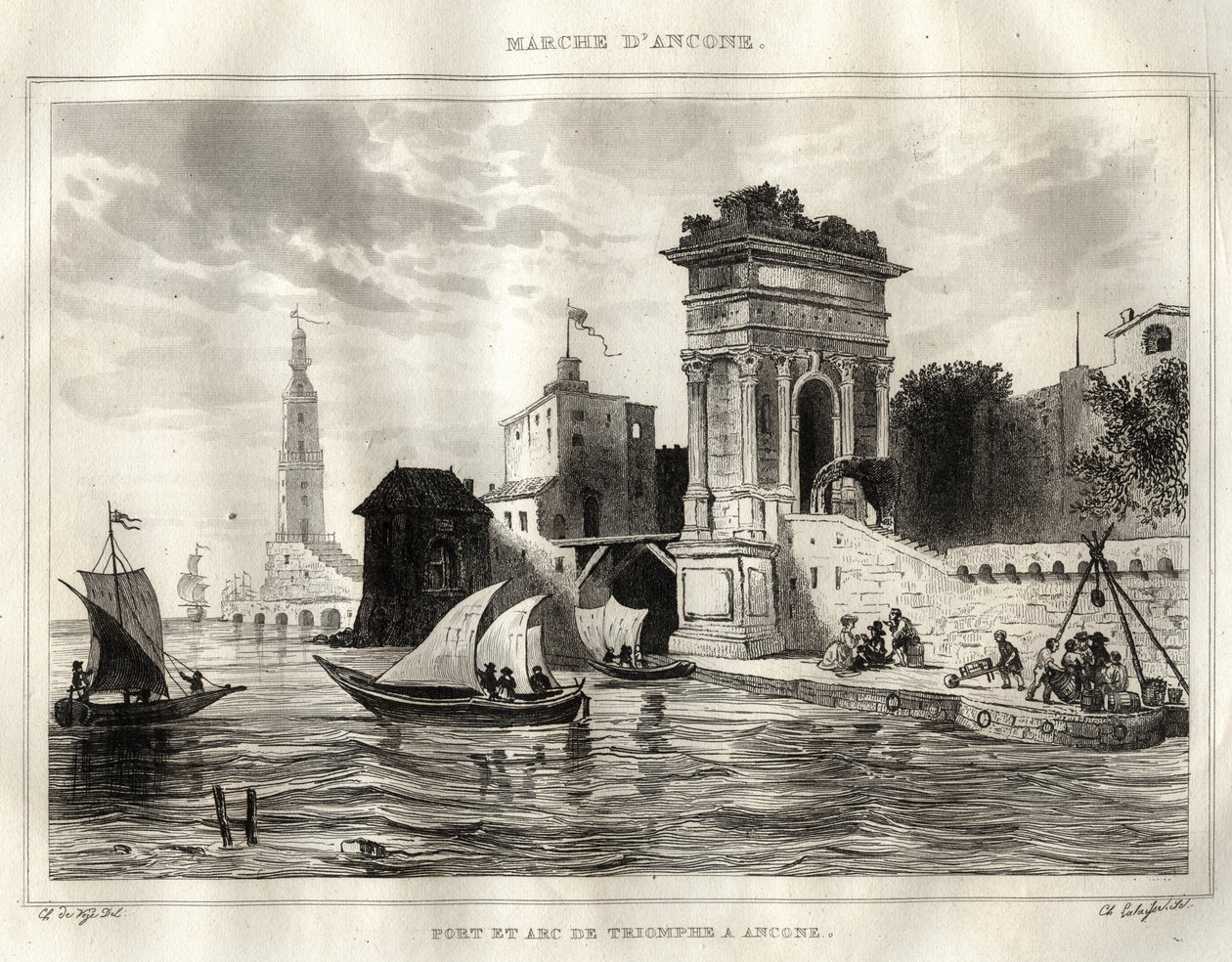 Ancona - Ancona - Italien - Trajanus båge, antikt romerskt verk som tillskrivs Apollodoro - Bågen är placerad i Ancona - Gravyr från "" Italy Picturesque"" - Historisk och beskrivande målning av Italien" av M. de Norvins, Ch. Nodier 1834-1836. av French School