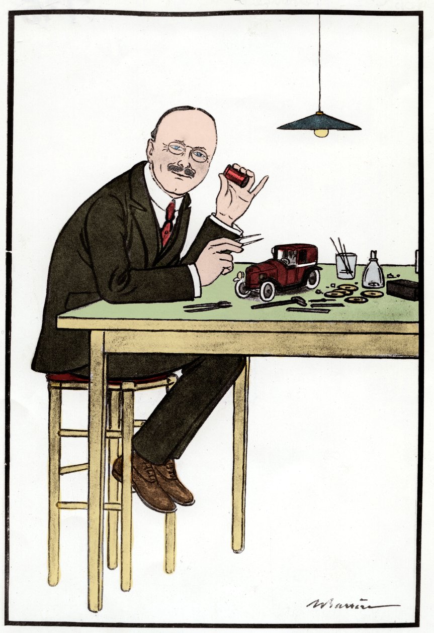 Andre Citroen (1878-1935), tillverkar en modellbil; teckning av Barriere. av French School